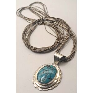 T Skeets Navajo Sterling Liquid Silver Necklace Spiderweb Turquoise Pendant 24"